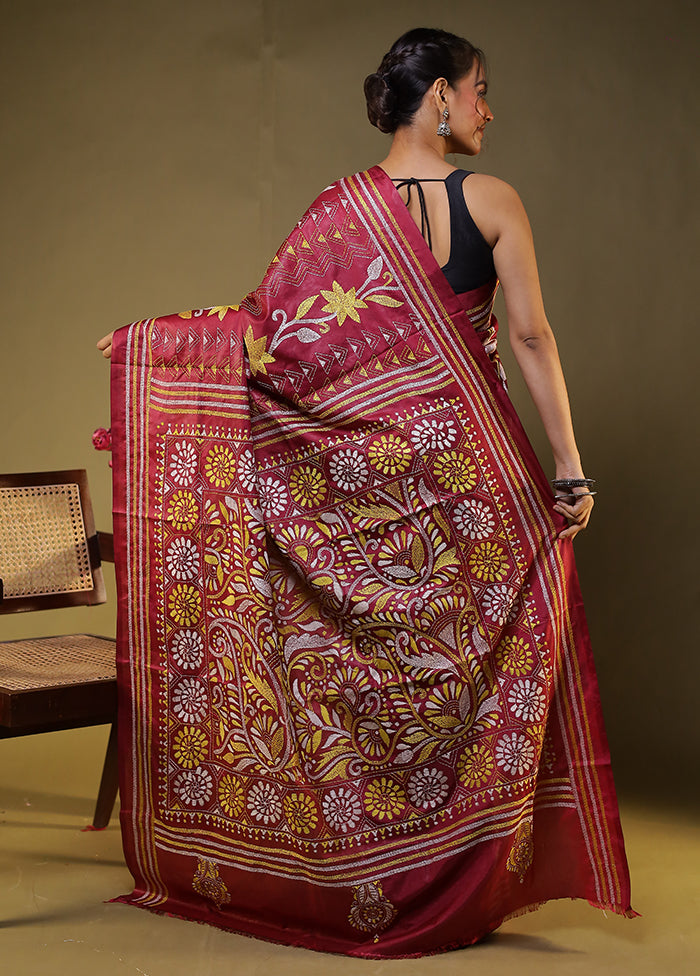Maroon Kantha Stitch Silk Saree With Blouse Piece