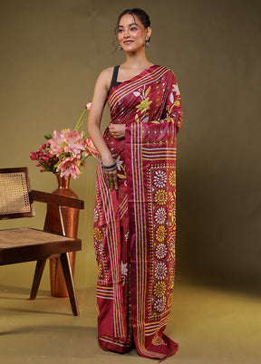 Maroon Kantha Stitch Silk Saree With Blouse Piece