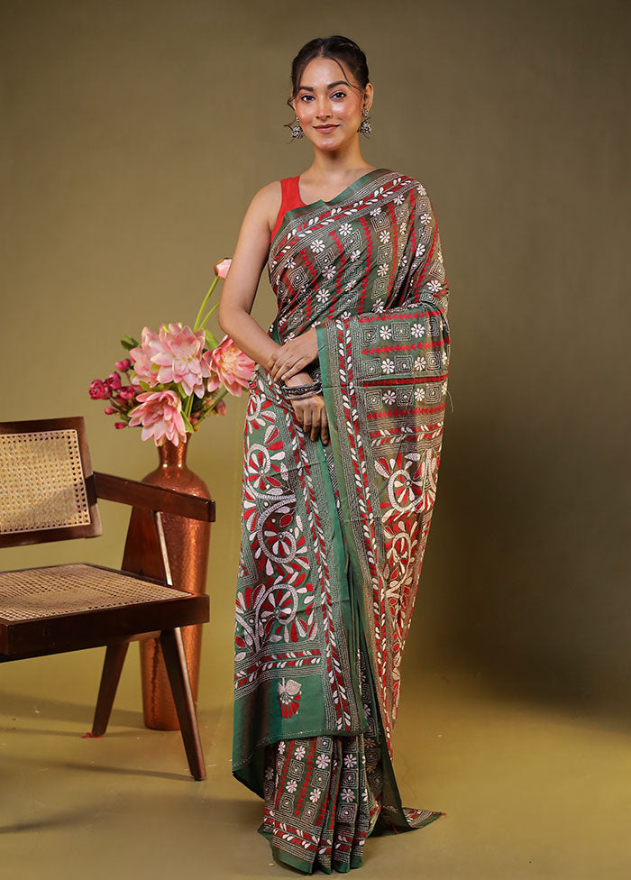 Green Kantha Stitch Silk Saree With Blouse Piece