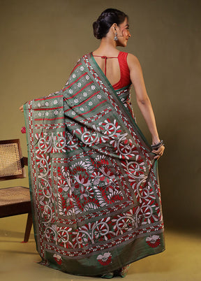 Green Kantha Stitch Silk Saree With Blouse Piece
