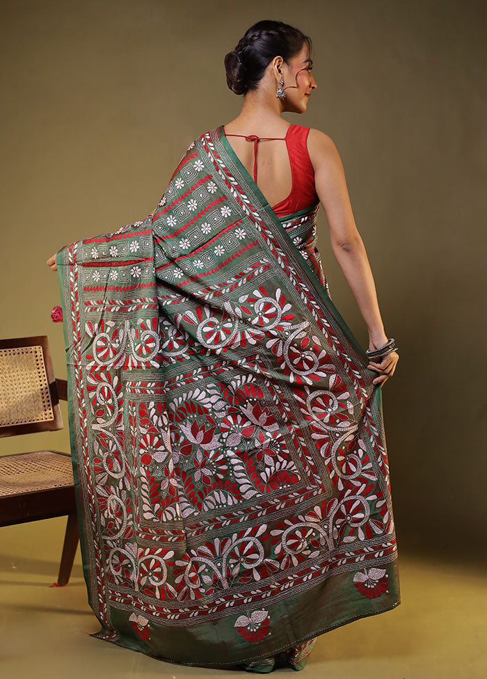 Green Kantha Stitch Silk Saree With Blouse Piece
