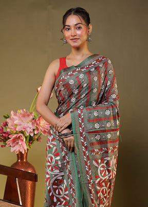 Green Kantha Stitch Silk Saree With Blouse Piece