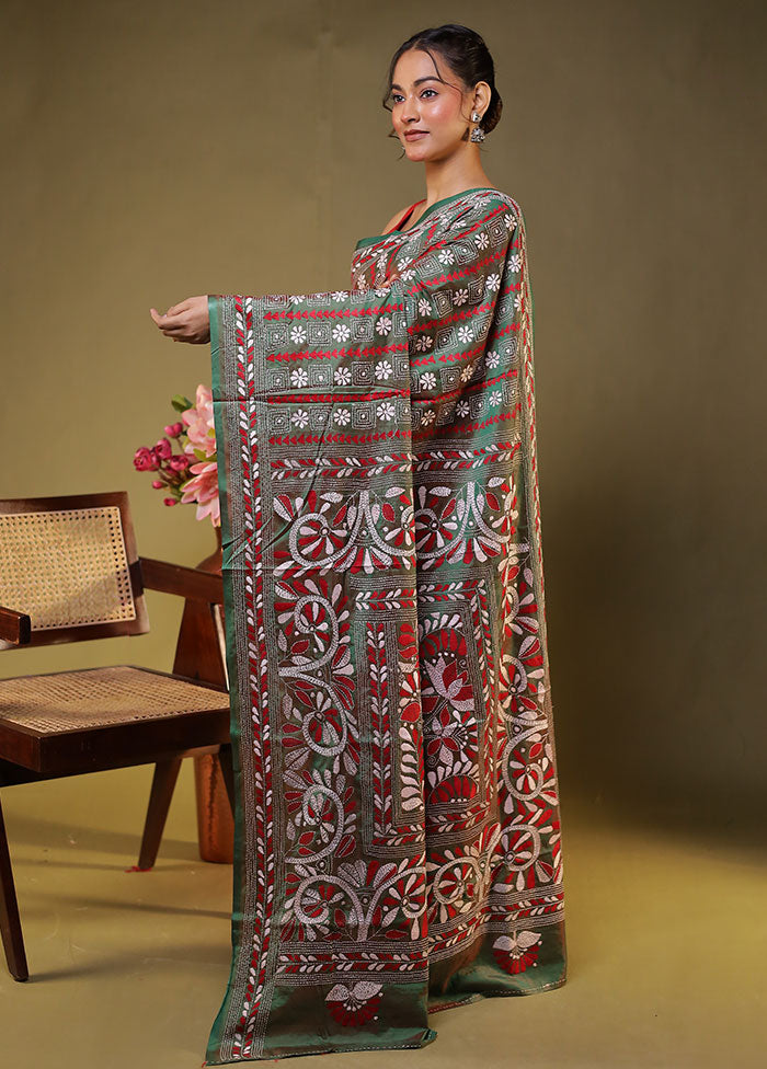 Green Kantha Stitch Silk Saree With Blouse Piece
