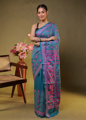 Green Kantha Stitch Silk Saree With Blouse Piece