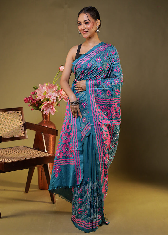 Green Kantha Stitch Silk Saree With Blouse Piece