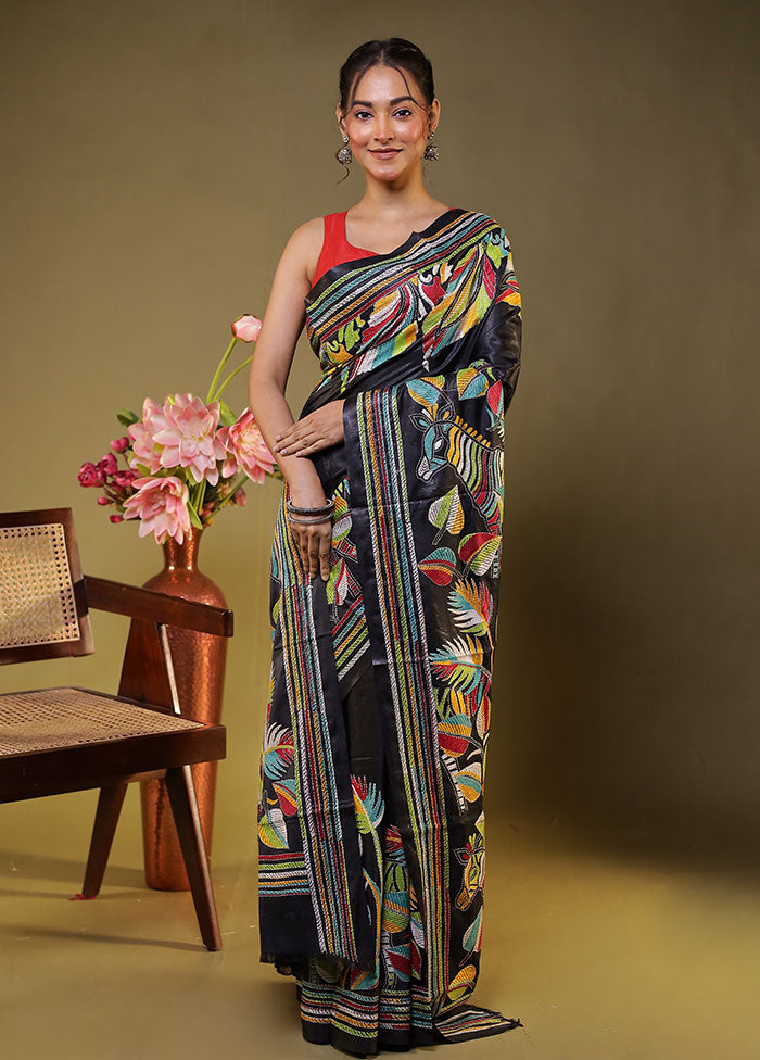 Black Kantha Stitch Silk Saree With Blouse Piece