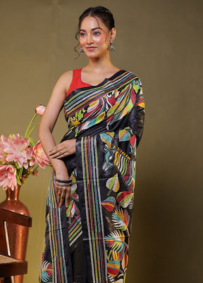 Black Kantha Stitch Silk Saree With Blouse Piece