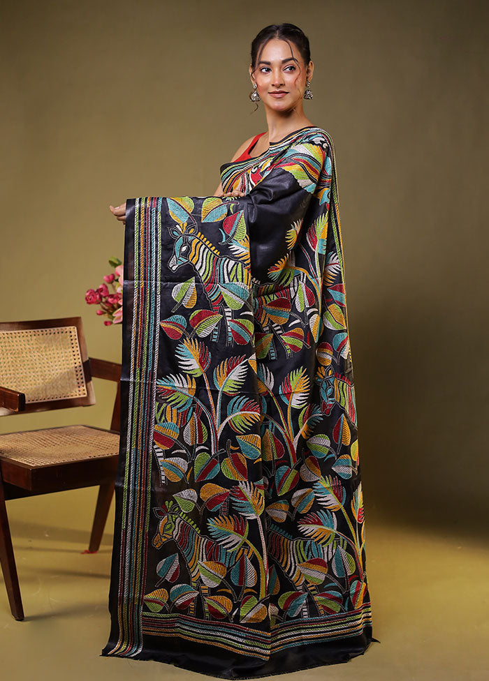 Black Kantha Stitch Silk Saree With Blouse Piece