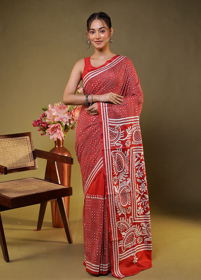 Red Kantha Stitch Silk Saree With Blouse Piece