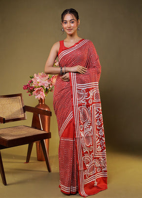 Red Kantha Stitch Silk Saree With Blouse Piece