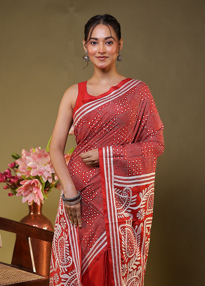 Red Kantha Stitch Silk Saree With Blouse Piece