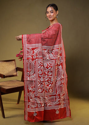 Red Kantha Stitch Silk Saree With Blouse Piece