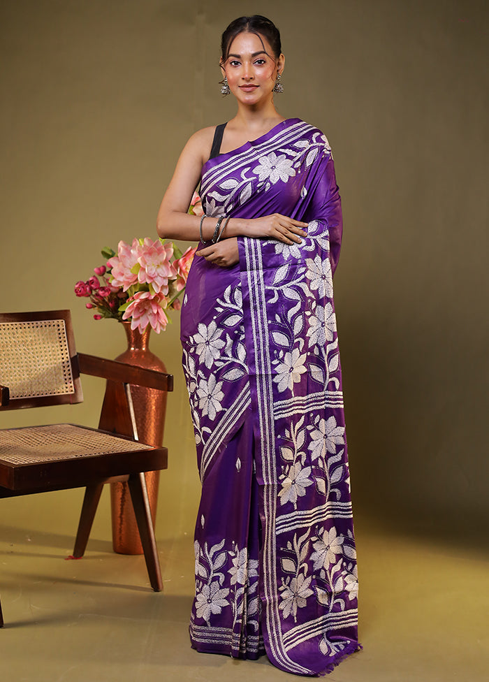 Purple Kantha Stitch Silk Saree With Blouse Piece