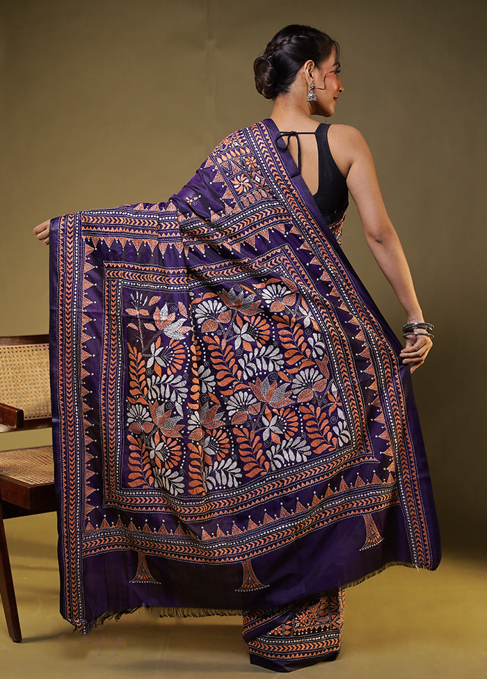 Purple Kantha Stitch Silk Saree With Blouse Piece