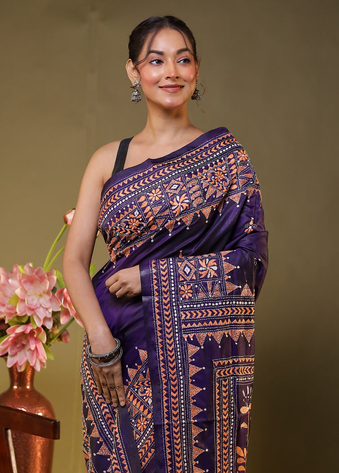 Purple Kantha Stitch Silk Saree With Blouse Piece