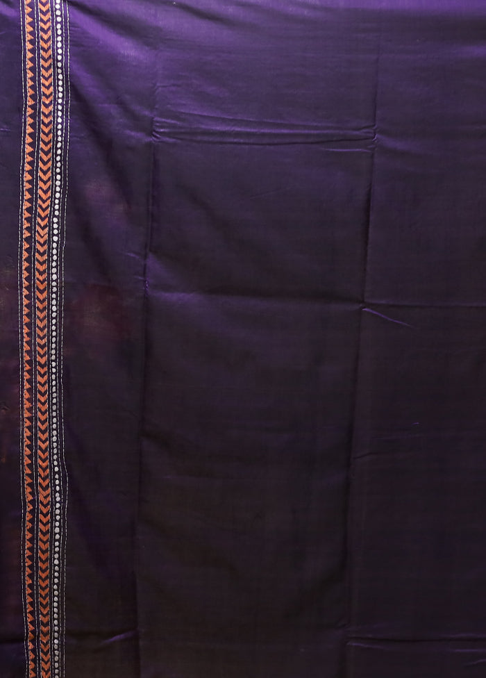 Purple Kantha Stitch Silk Saree With Blouse Piece