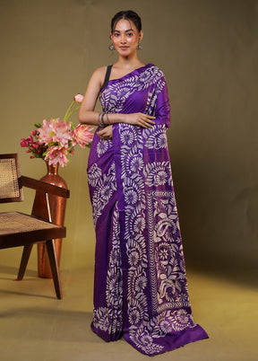Purple Kantha Stitch Silk Saree With Blouse Piece