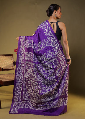 Purple Kantha Stitch Silk Saree With Blouse Piece