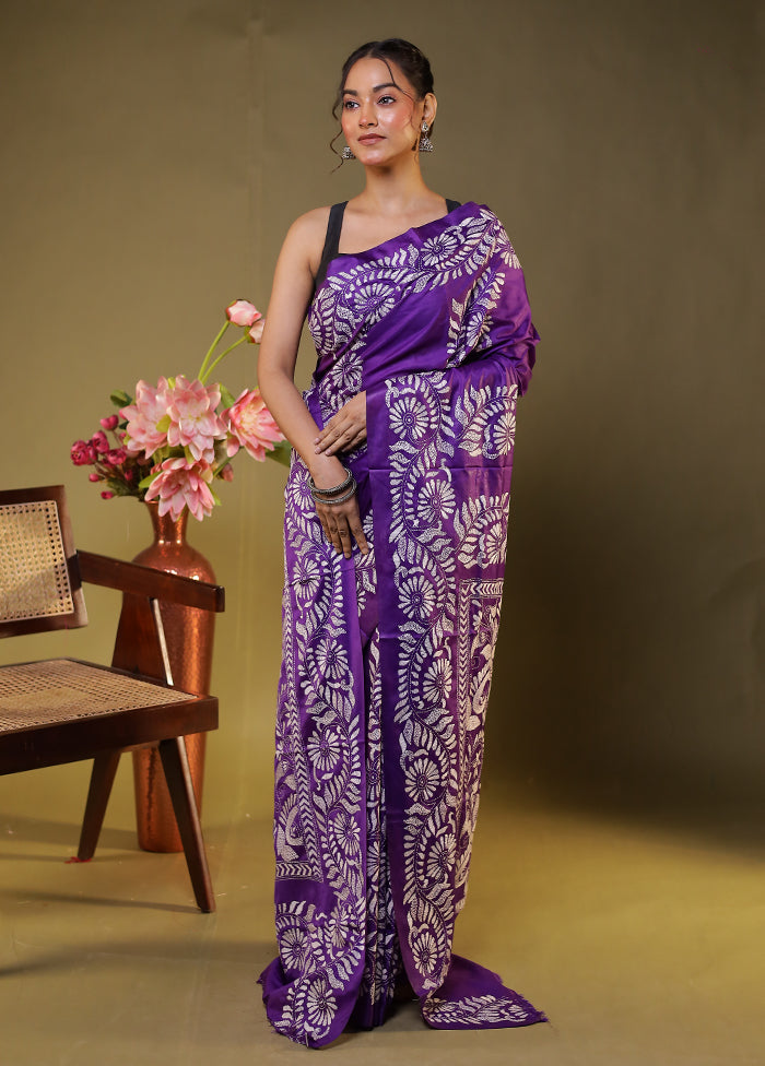 Purple Kantha Stitch Silk Saree With Blouse Piece