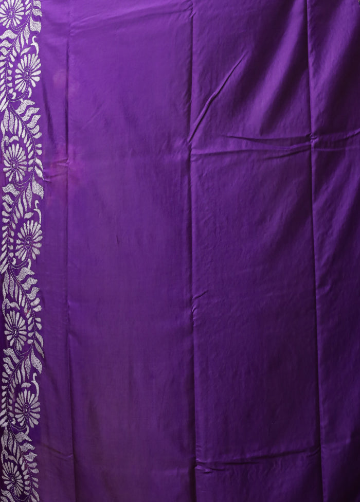 Purple Kantha Stitch Silk Saree With Blouse Piece