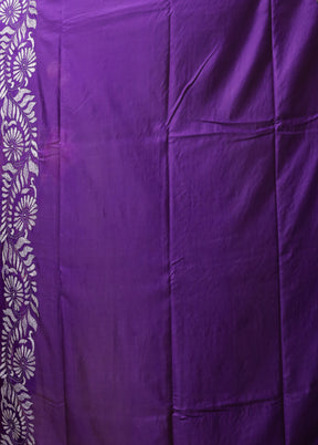 Purple Kantha Stitch Silk Saree With Blouse Piece