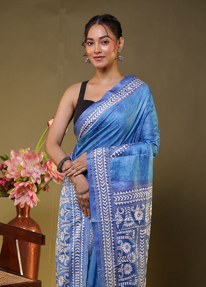 Blue Kantha Stitch Silk Saree With Blouse Piece