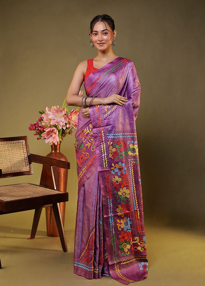 Purple Kantha Stitch Silk Saree With Blouse Piece