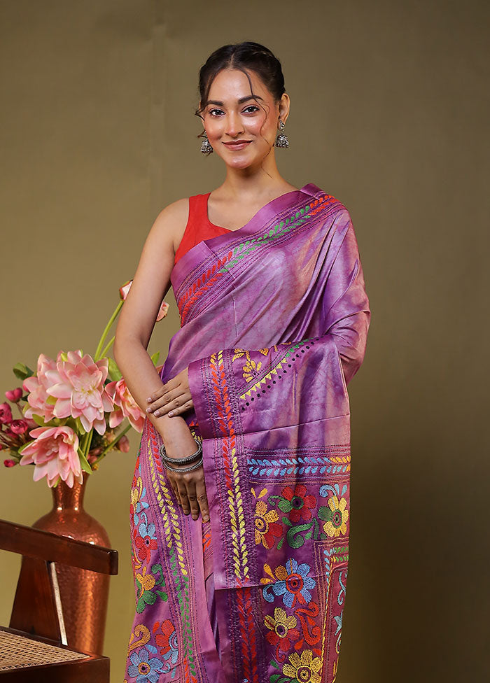 Purple Kantha Stitch Silk Saree With Blouse Piece