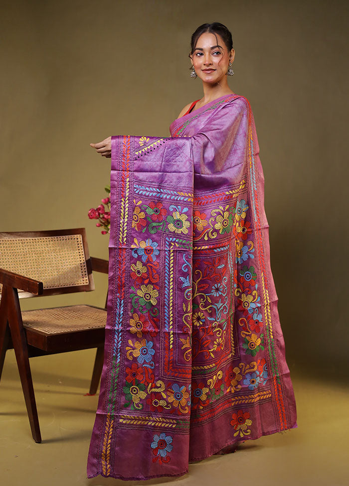 Purple Kantha Stitch Silk Saree With Blouse Piece