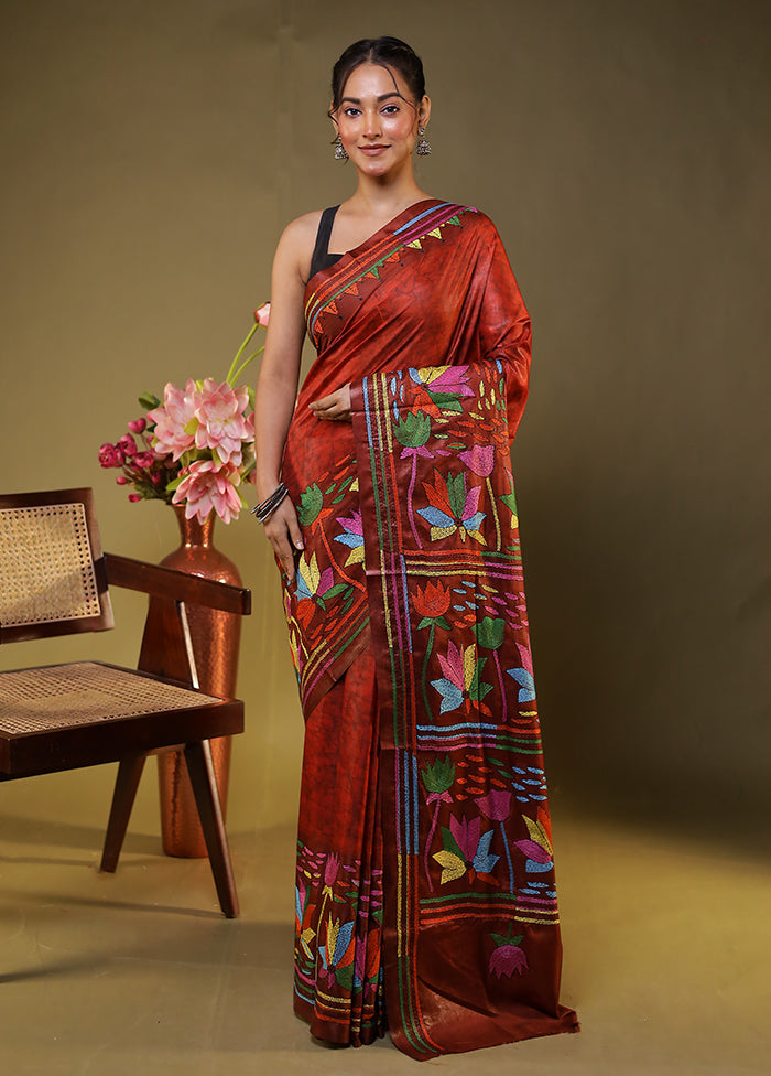 Maroon Kantha Stitch Silk Saree With Blouse Piece