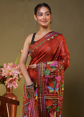 Maroon Kantha Stitch Silk Saree With Blouse Piece
