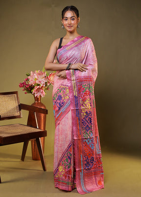 Pink Kantha Stitch Silk Saree With Blouse Piece
