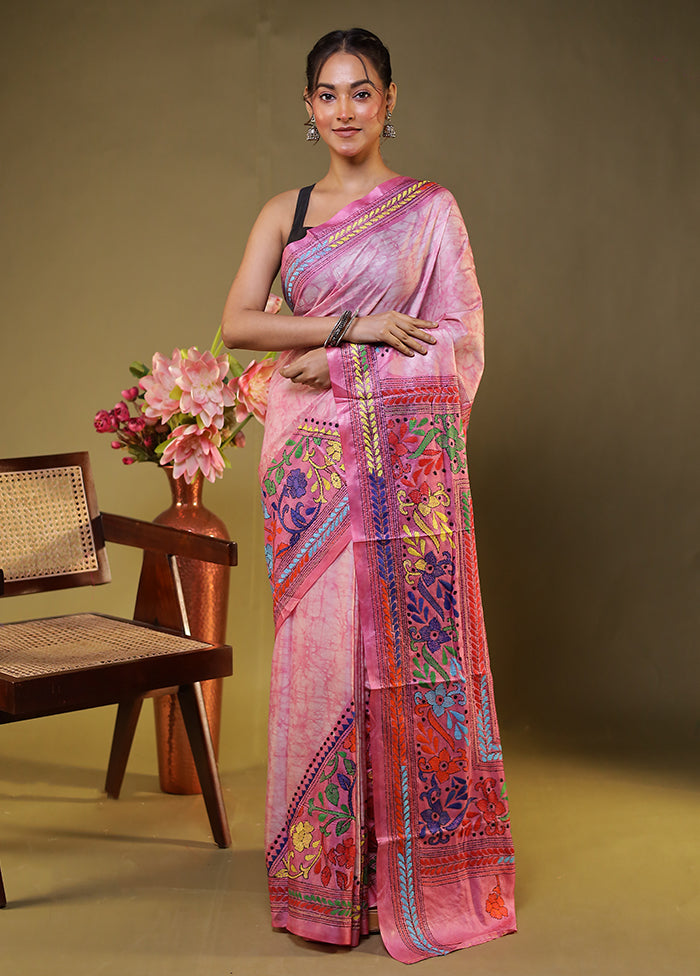 Pink Kantha Stitch Silk Saree With Blouse Piece