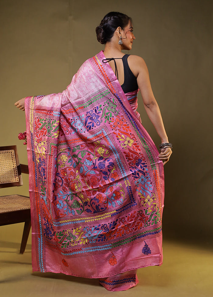 Pink Kantha Stitch Silk Saree With Blouse Piece
