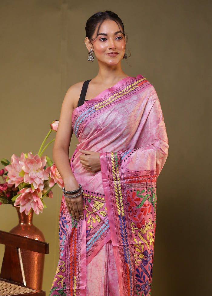 Pink Kantha Stitch Silk Saree With Blouse Piece
