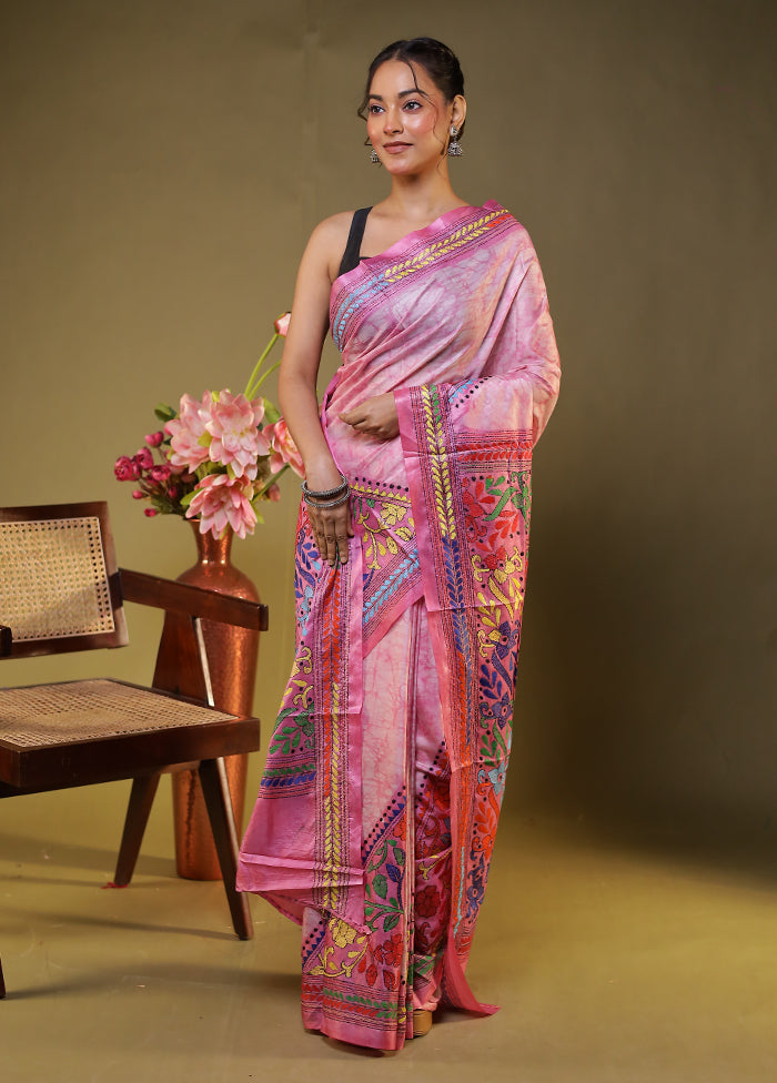 Pink Kantha Stitch Silk Saree With Blouse Piece