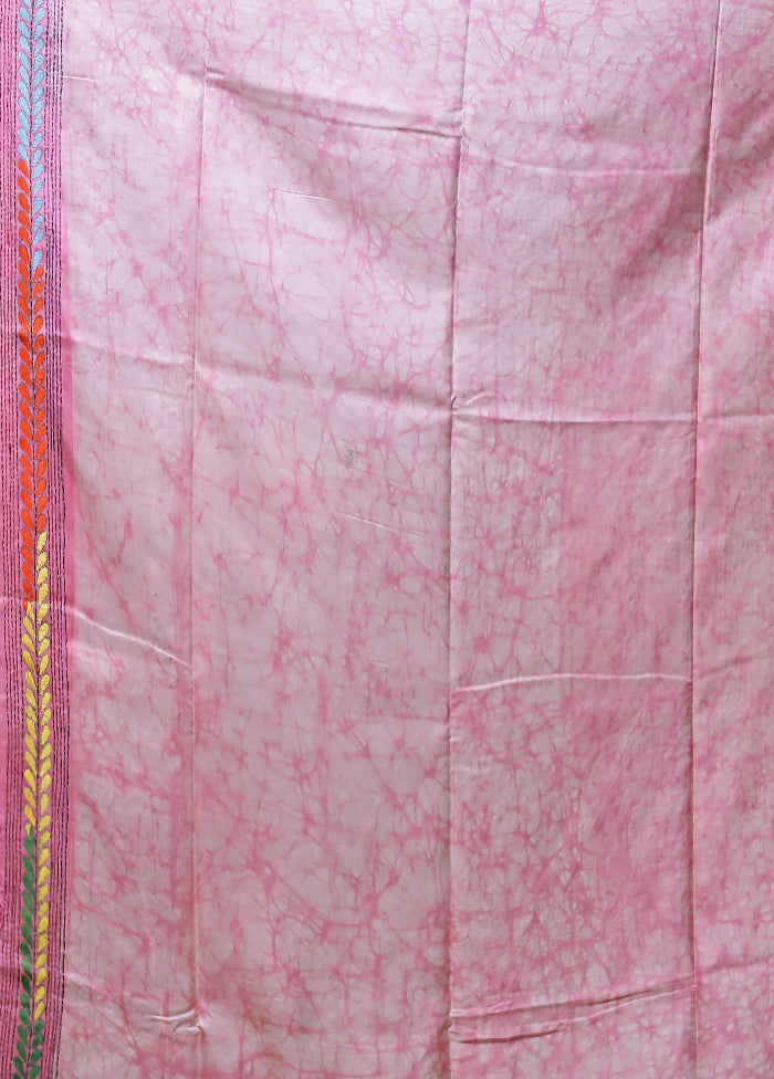Pink Kantha Stitch Silk Saree With Blouse Piece