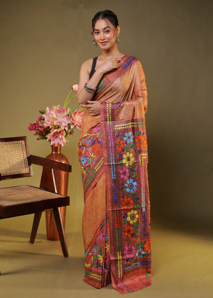 Pink Kantha Stitch Silk Saree With Blouse Piece
