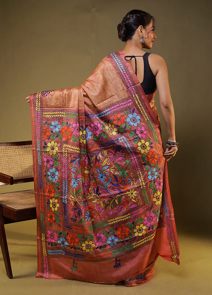 Pink Kantha Stitch Silk Saree With Blouse Piece