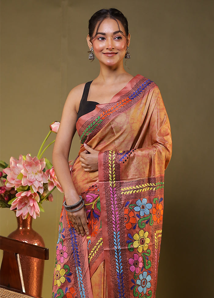 Pink Kantha Stitch Silk Saree With Blouse Piece
