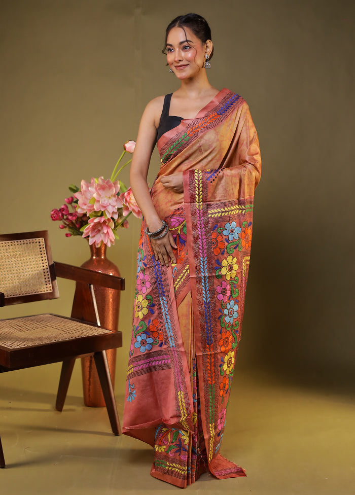 Pink Kantha Stitch Silk Saree With Blouse Piece