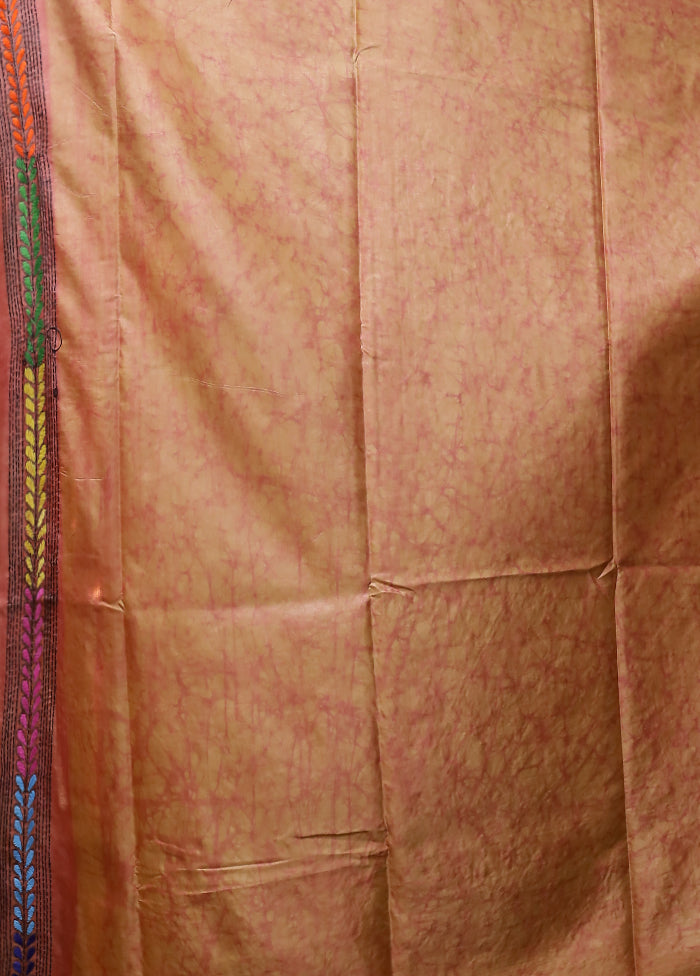 Pink Kantha Stitch Silk Saree With Blouse Piece