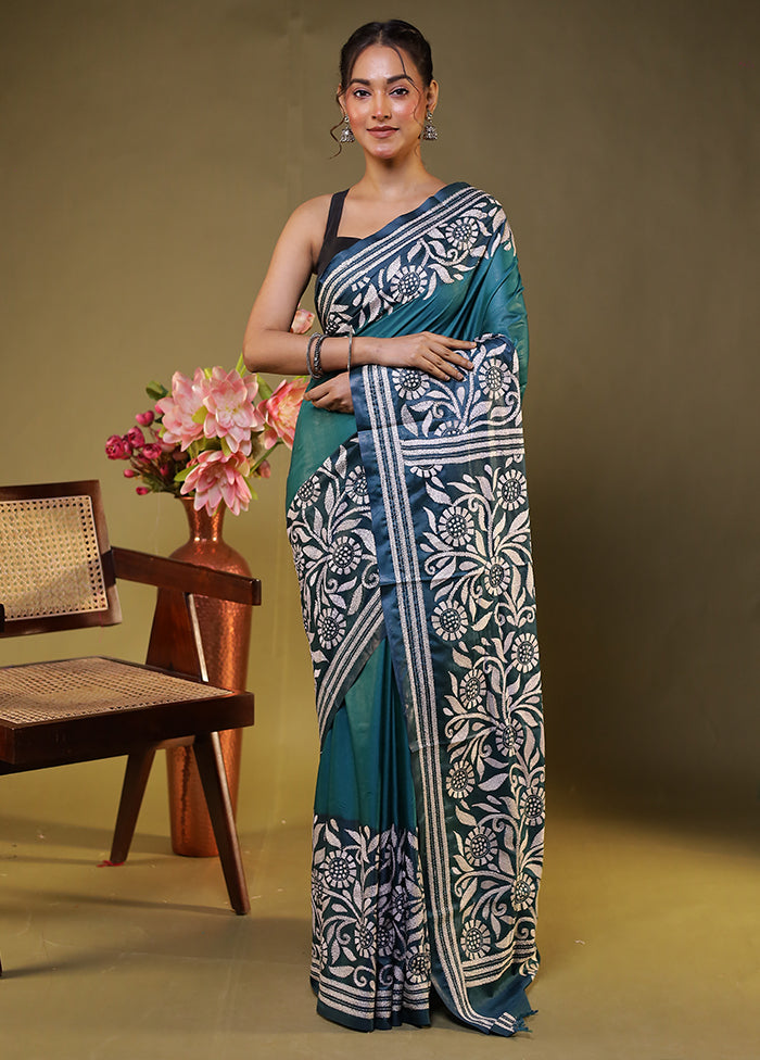 Green Kantha Stitch Silk Saree With Blouse Piece
