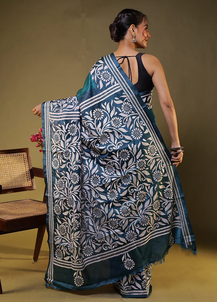Green Kantha Stitch Silk Saree With Blouse Piece