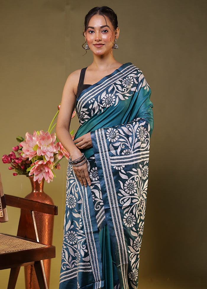 Green Kantha Stitch Silk Saree With Blouse Piece