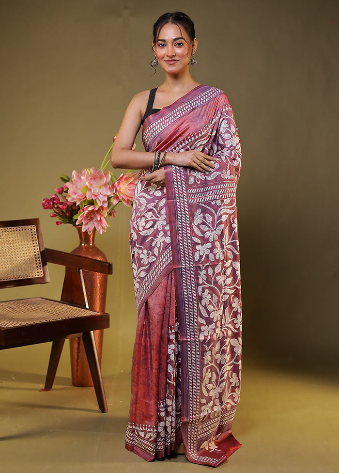 Purple Kantha Stitch Silk Saree With Blouse Piece