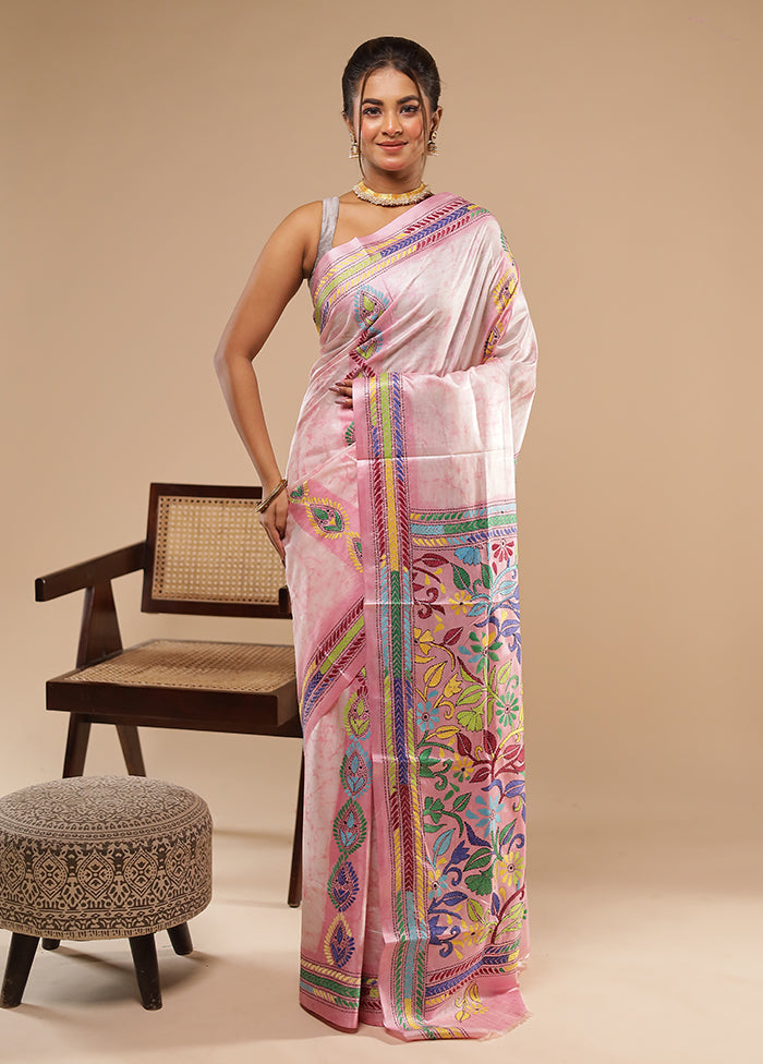 Purple Kantha Stitch Silk Saree With Blouse Piece
