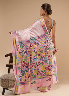 Purple Kantha Stitch Silk Saree With Blouse Piece