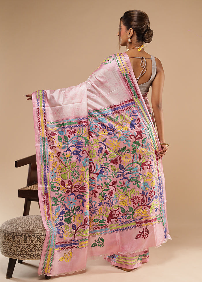Purple Kantha Stitch Silk Saree With Blouse Piece