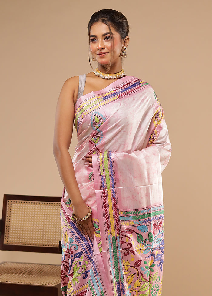Purple Kantha Stitch Silk Saree With Blouse Piece